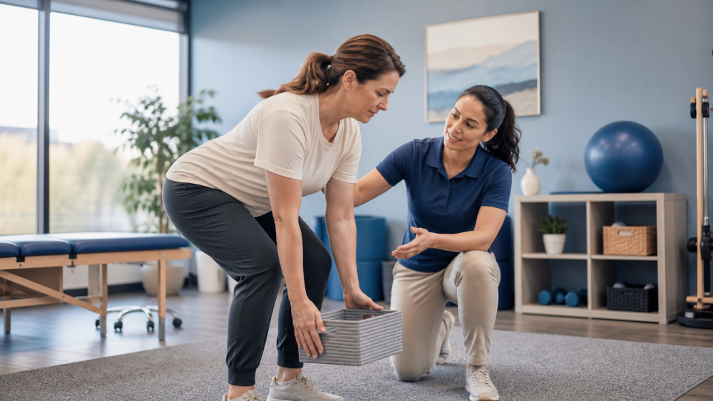 Danville patient learning a comfortable bending and lifting technique from a healthcare professional